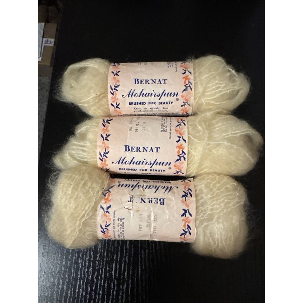 Vintage 3 Skeins White 2142 Mohair Nylon Wool Yarn BERNAT Mohairspun made in USA